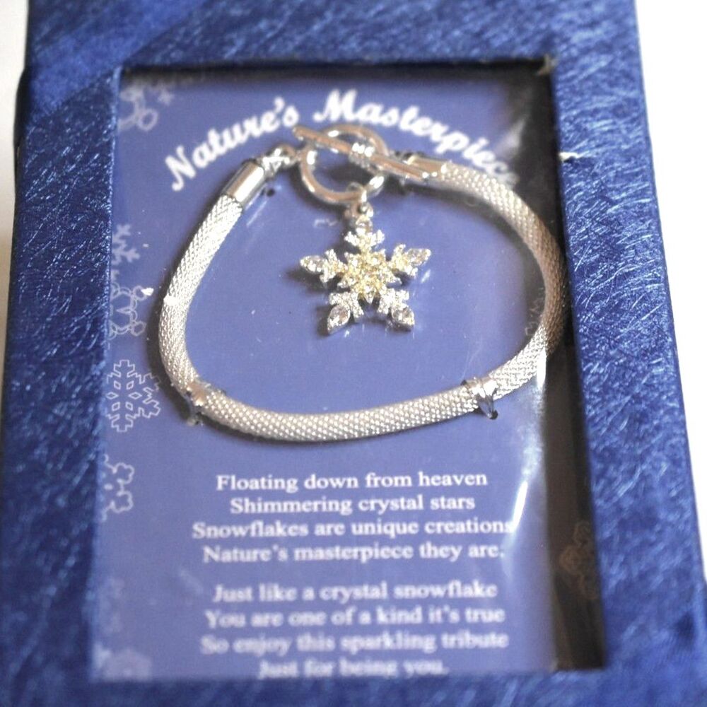 NIB Nature's Masterpiece Sterling Mesh Chain Rhinestone Snowflake Bracelet